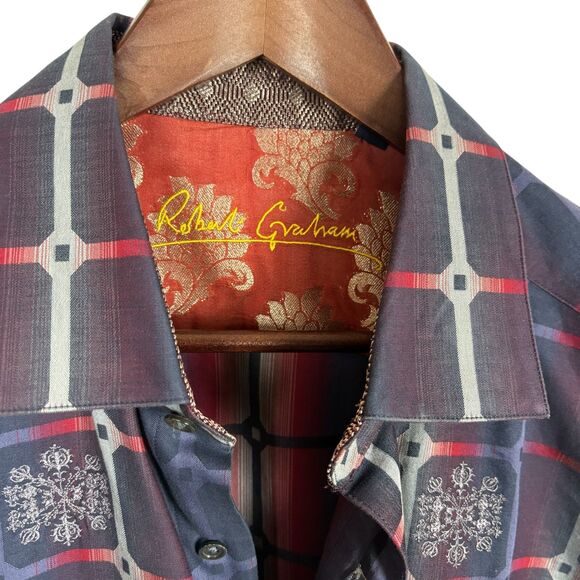 Robert Graham Blue Red Checkered Brocade Long Sleeve Button Down Shirt Men's XL - Picture 5 of 7